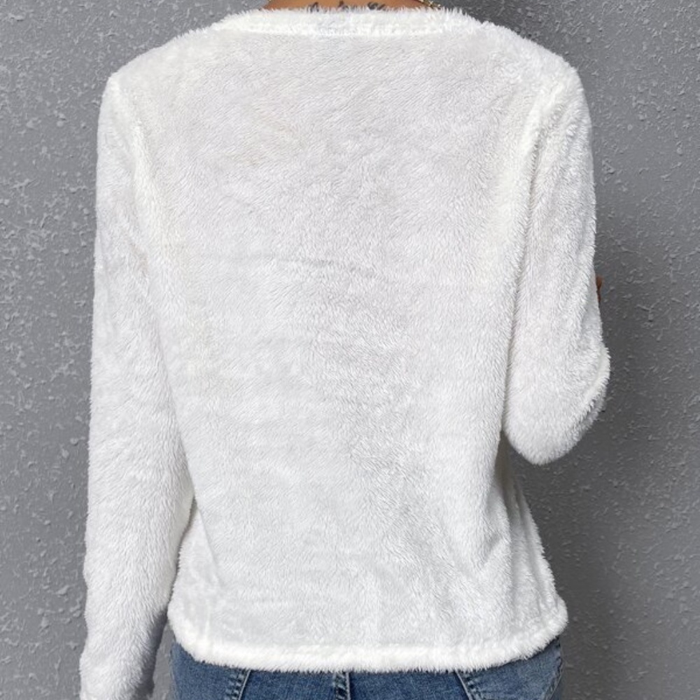 Cozy White V neck Lace Fuzzy Sweater Top - Picture 4 of 5